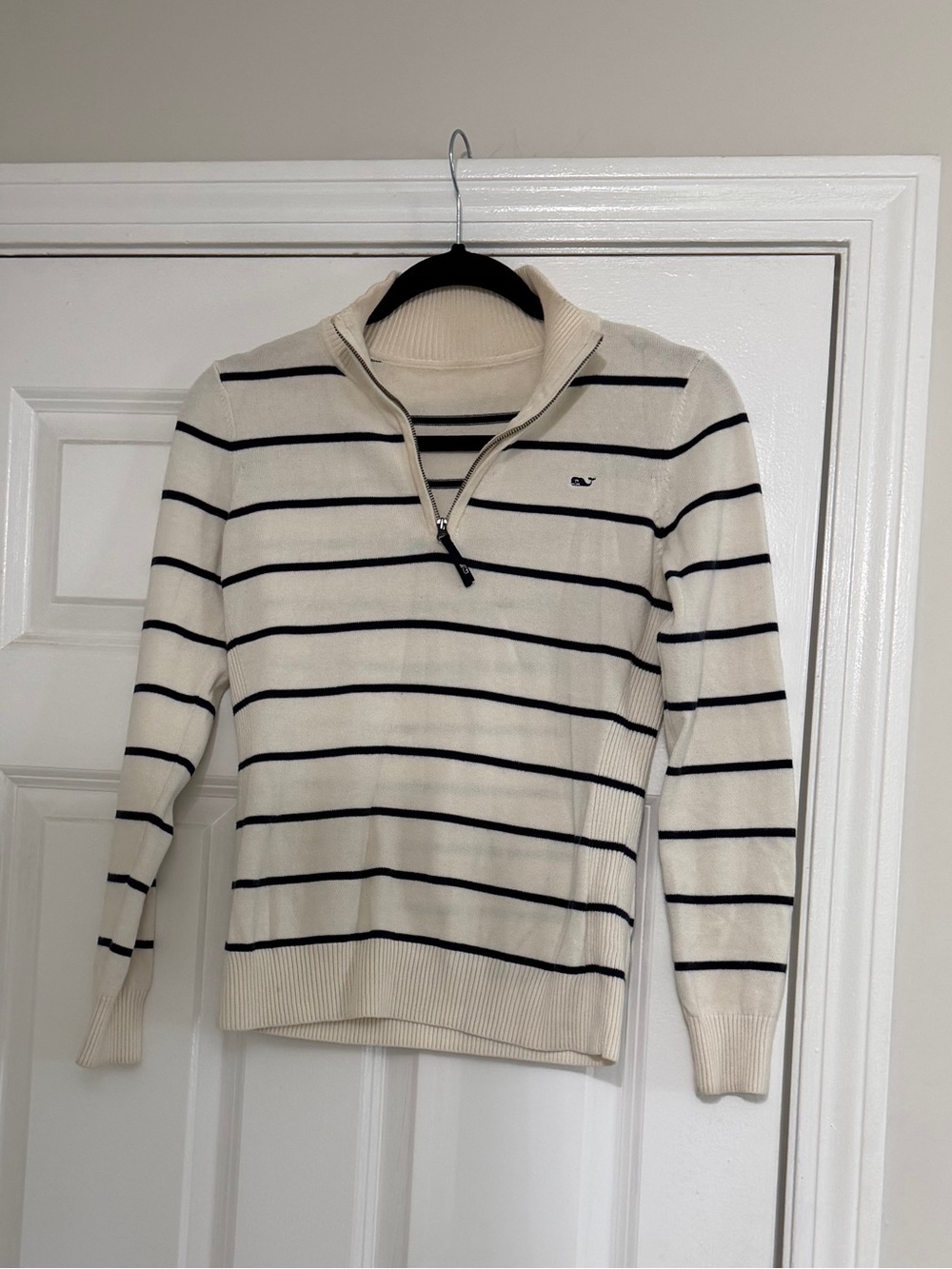Vineyard Vines Cream and Navy Striped Quarter-Zip Sweater